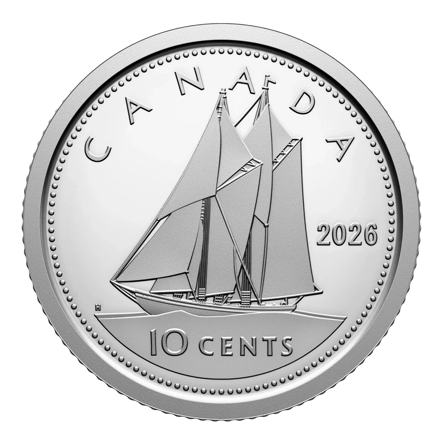 The reverse of the 2026 Canadian ten-cent coin: CANADA around the top, the Bluenose under full sail heading right, 10 CENTS on a band of sea, the year at the right, a ring of beads inside a raised rim.