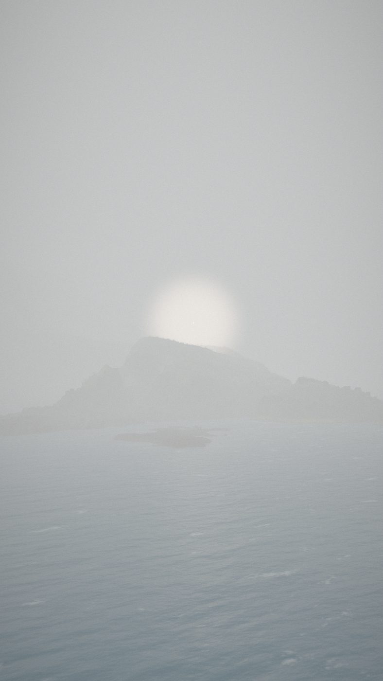 A 3D view of Cape d'Or in fog with a soft round glow of light above the cliffs.