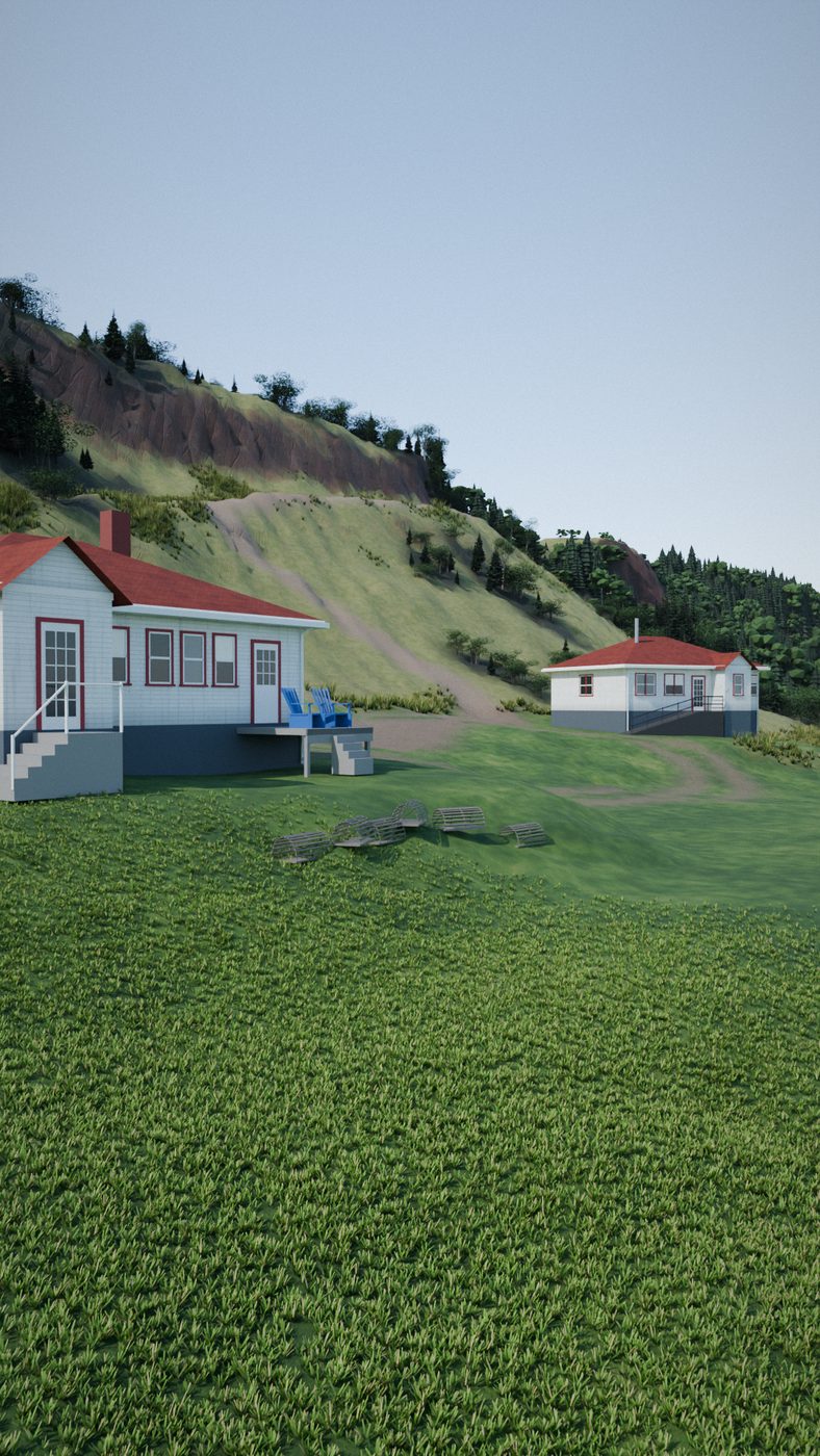 A 3D view of the two keepers' houses, white with red roofs, on the green slope above the light station.