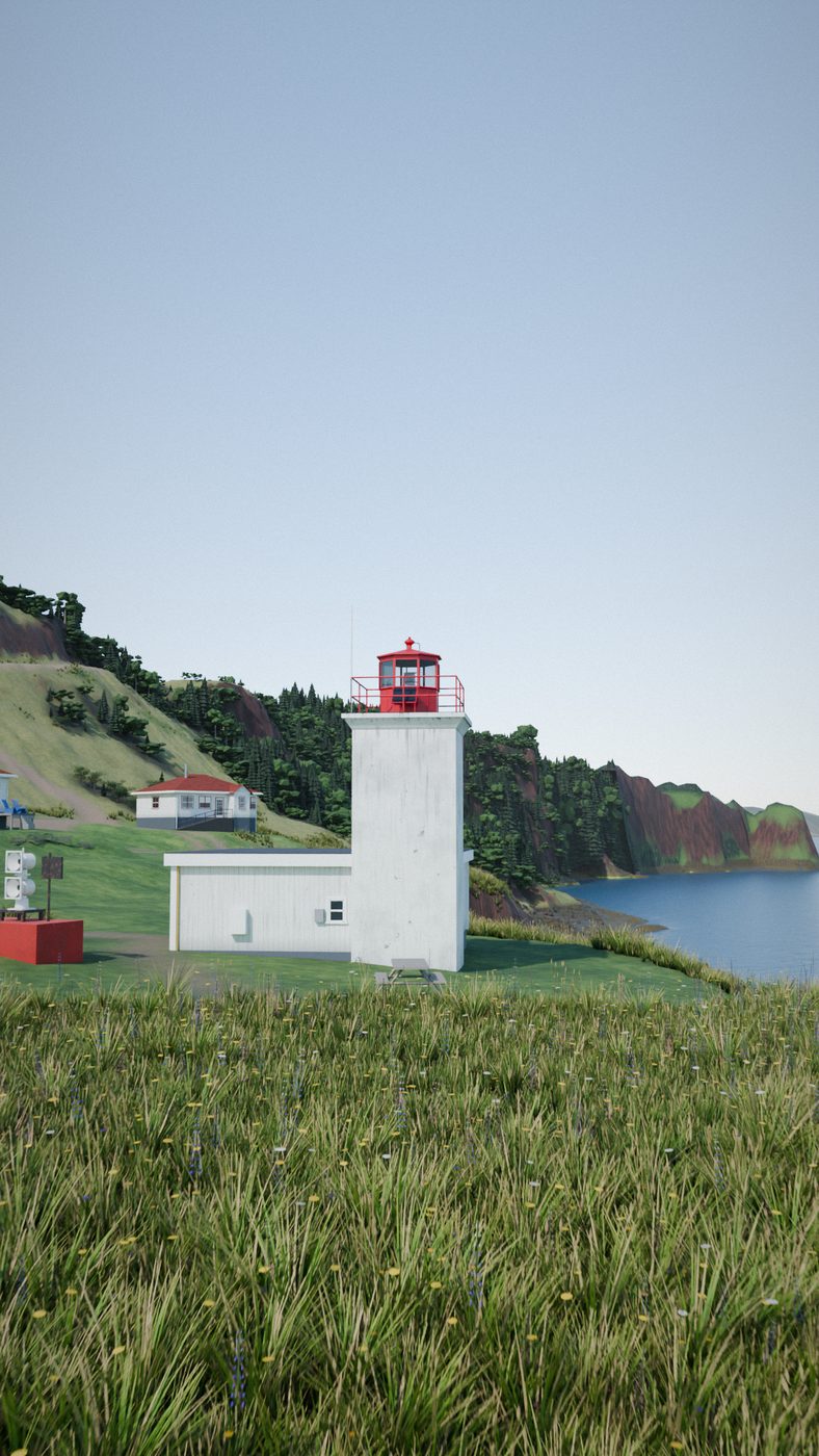 A 3D view of today's light station: a white one-storey building with a square white tower and a red lantern at one corner, on grass above the sea, with two red-roofed houses behind.