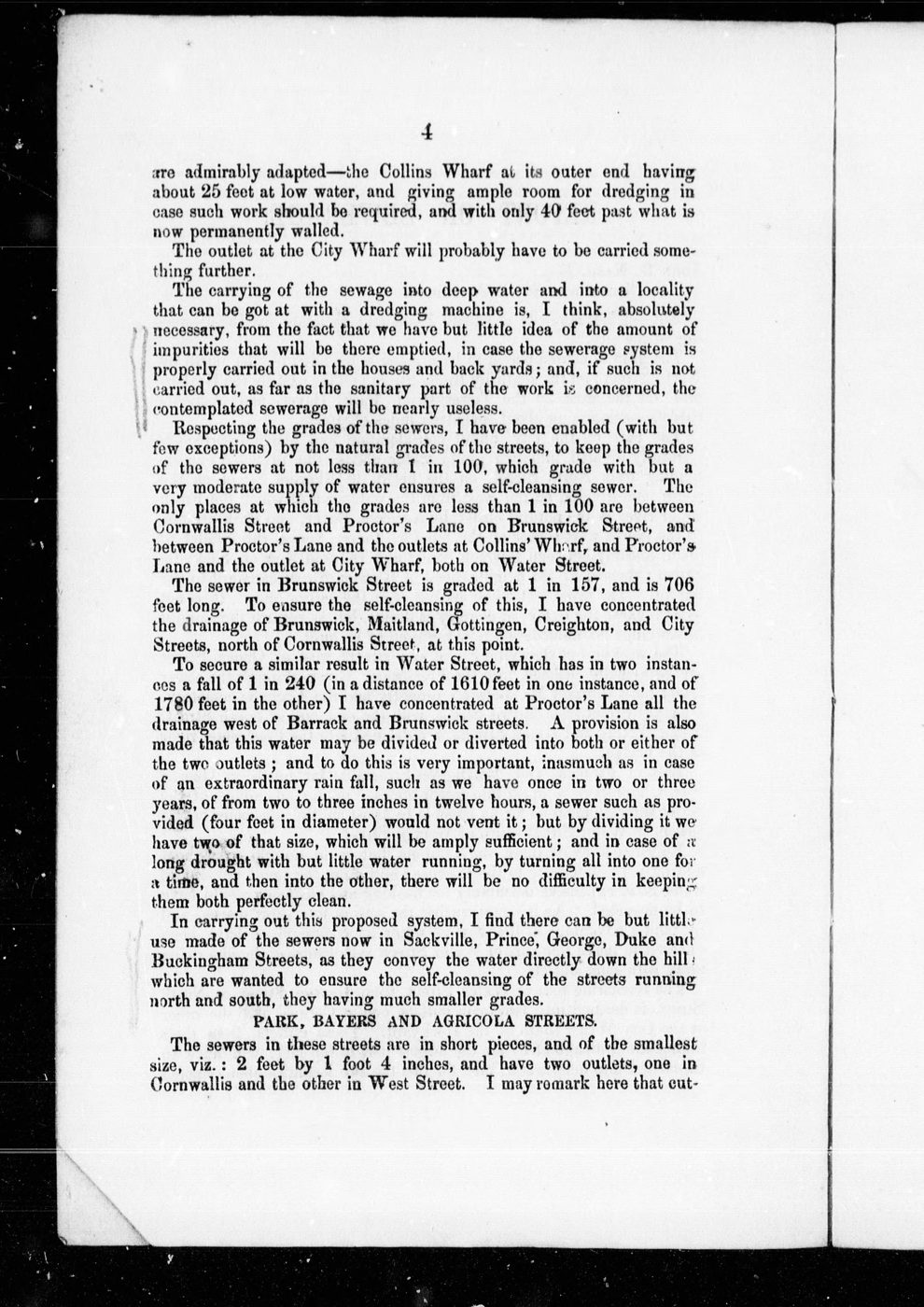 A printed page of John Kelly's 1866 report on the Halifax sewers.