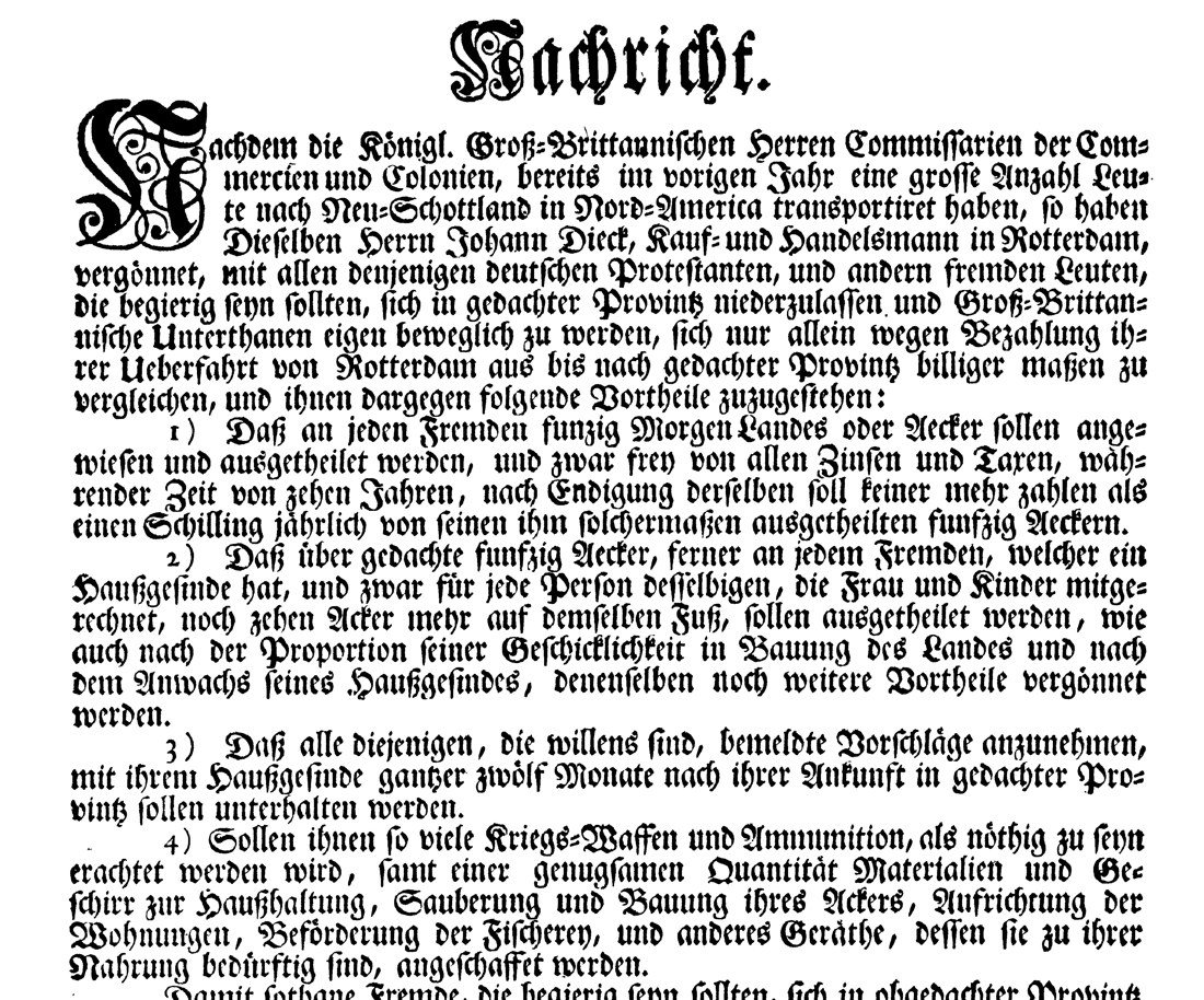 The top of a printed German notice headed 'Nachricht', in Gothic type, with numbered clauses.
