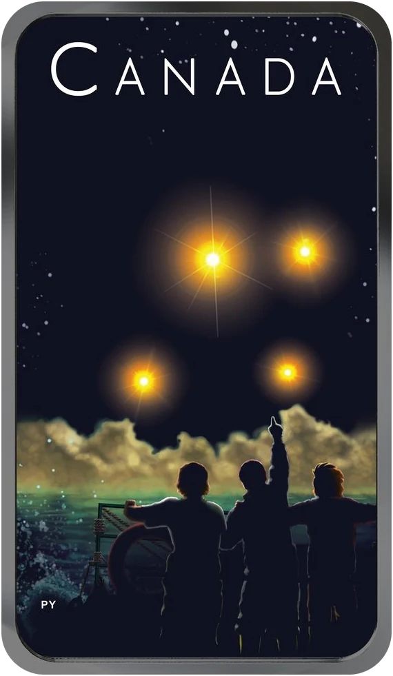 The rectangular coin under black light: a dark sky and sea, four orange lights glowing above three people on a boat, one pointing, and the word CANADA across the top.