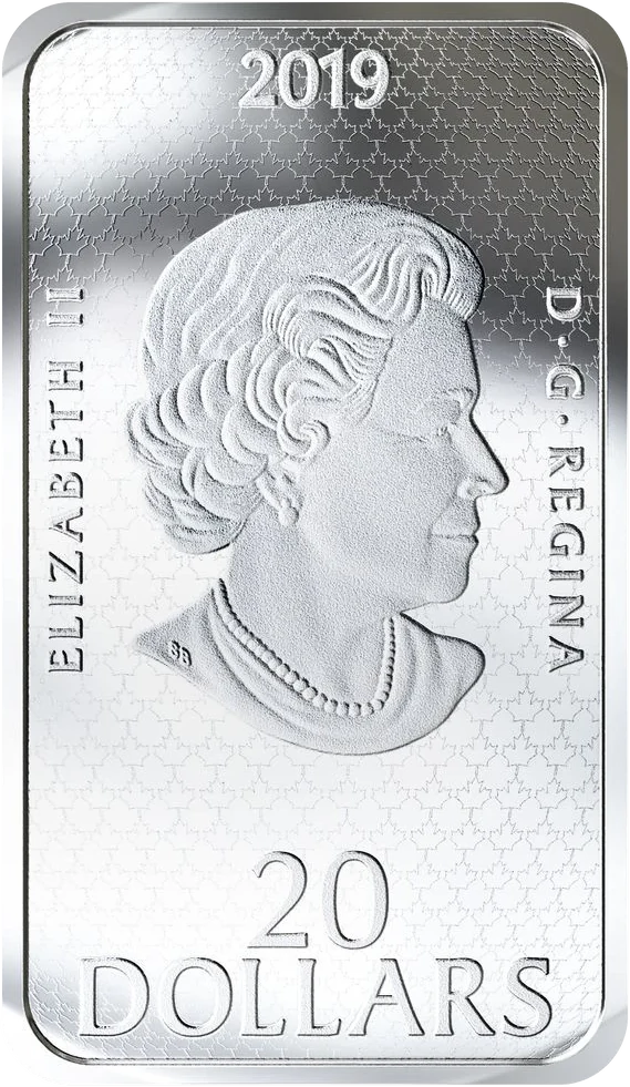 The back of the silver coin: Queen Elizabeth II in profile, the year 2019 at the top and 20 DOLLARS at the bottom.
