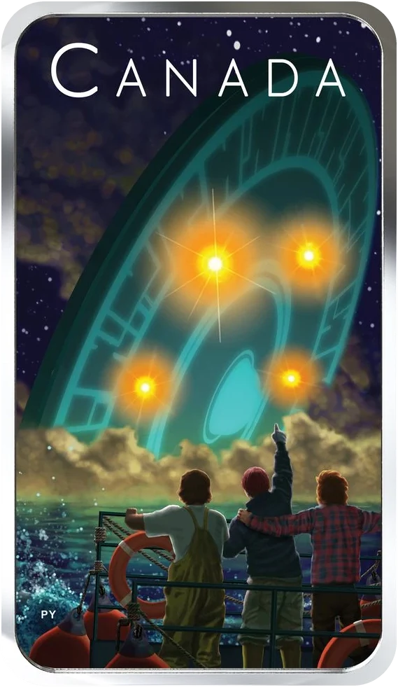 The same face in normal light: a large teal flying saucer tilted over the sea behind the four orange lights, and three people at a boat's rail with life rings.