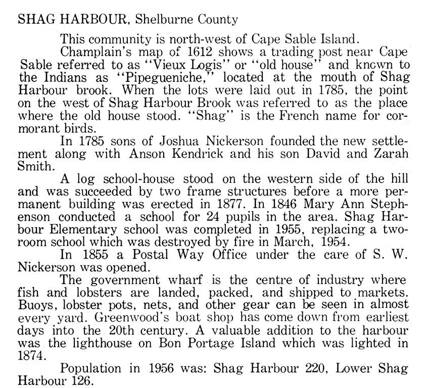 A printed book entry headed Shag Harbour, Shelburne County: the community is north-west of Cape Sable Island; the government wharf is the centre of industry, where fish and lobsters are landed; population in 1956, Shag Harbour 220, Lower Shag Harbour 126.