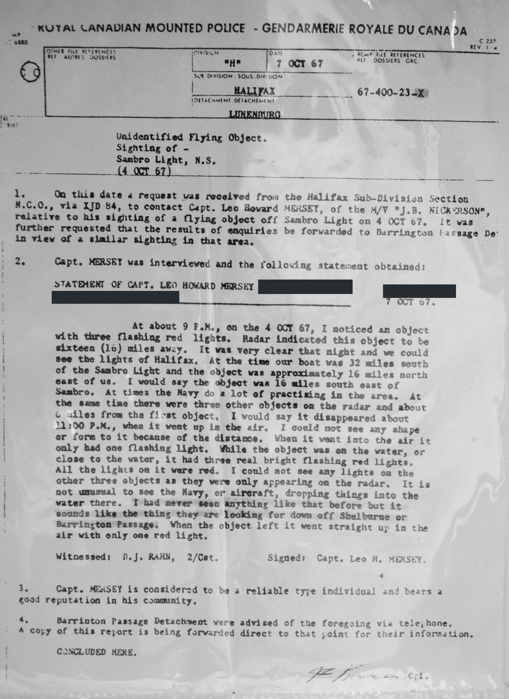 A typed one-page RCMP report dated 7 October 1967, headed Unidentified Flying Object, Sighting of, Sambro Light, N.S., with the statement of Capt. Leo Howard Mersey. Three black bars cover personal details.