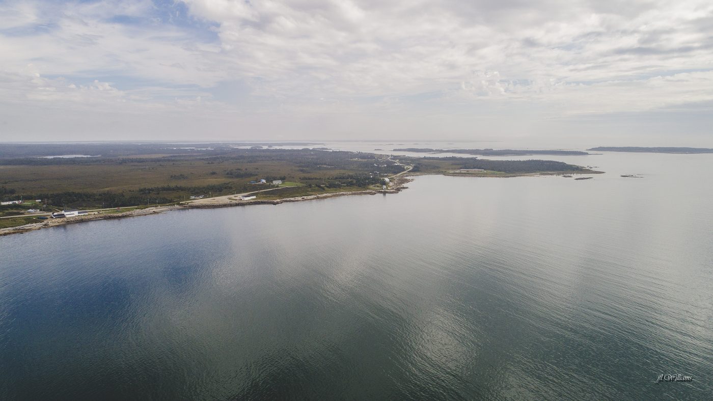 Shag Harbour from the air on a calm, cloudy day: a low wooded shore with a road and houses along it, and small islands off the point.